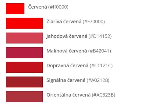 paleta odtieňov červenej farby