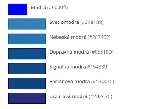 paleta odtieňov modrej farby